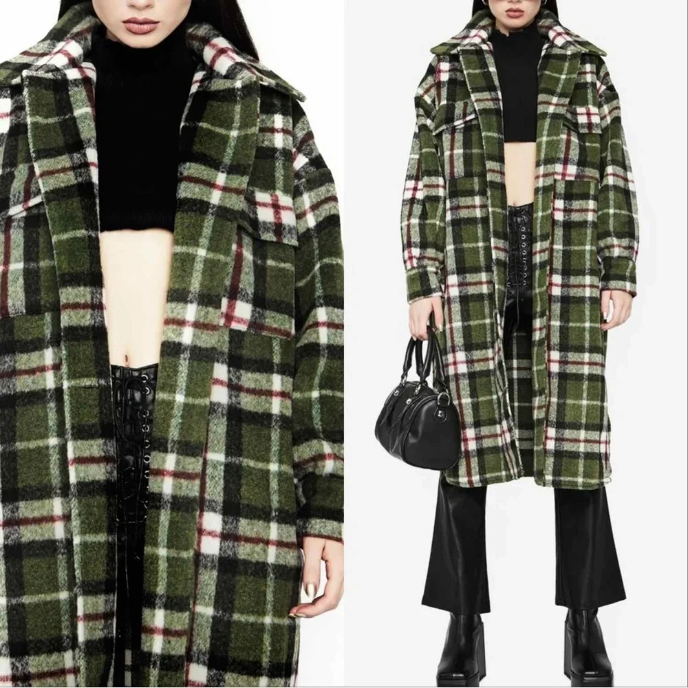 CHIC PLAID POCKETED LONG JACKET - Picture 1 of 4